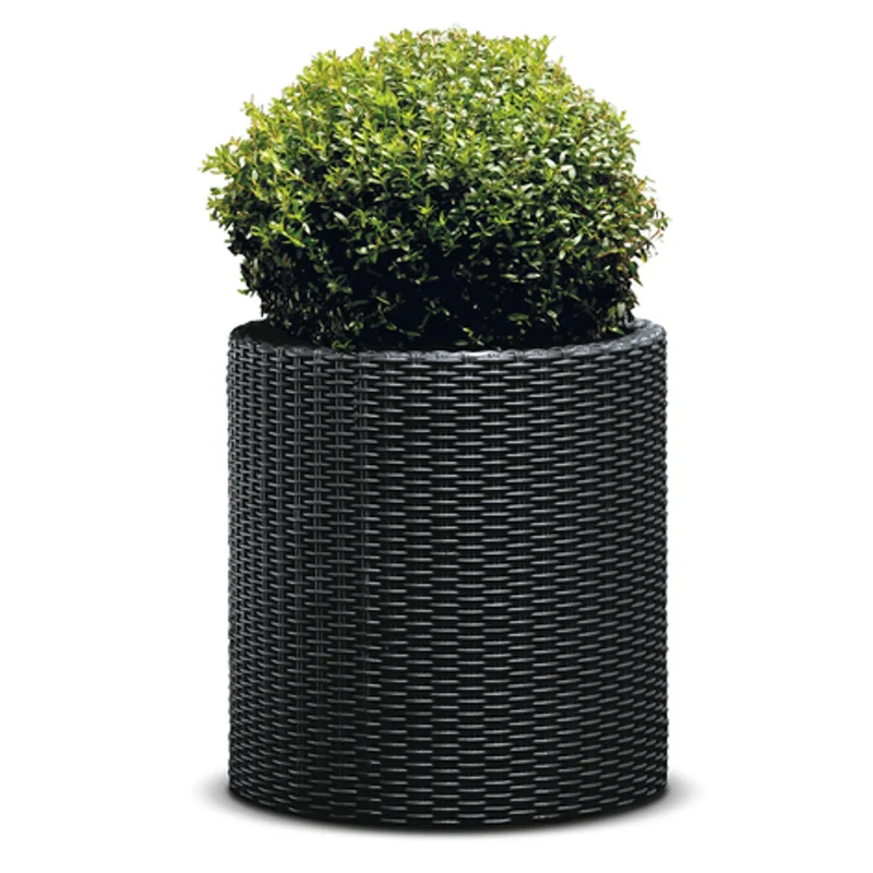 Keter Round Planter Rattan Style - Size M - 36 cm Diameter Anthracite Cylinder Flower Pot Indoor Outdoor Weatherproof