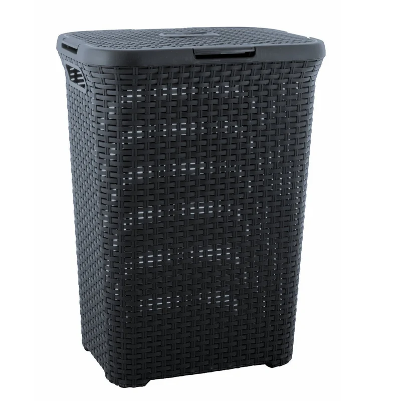 Curver Natural Style 60L Laundry Hamper Basket with Lid Grey Rattan Style