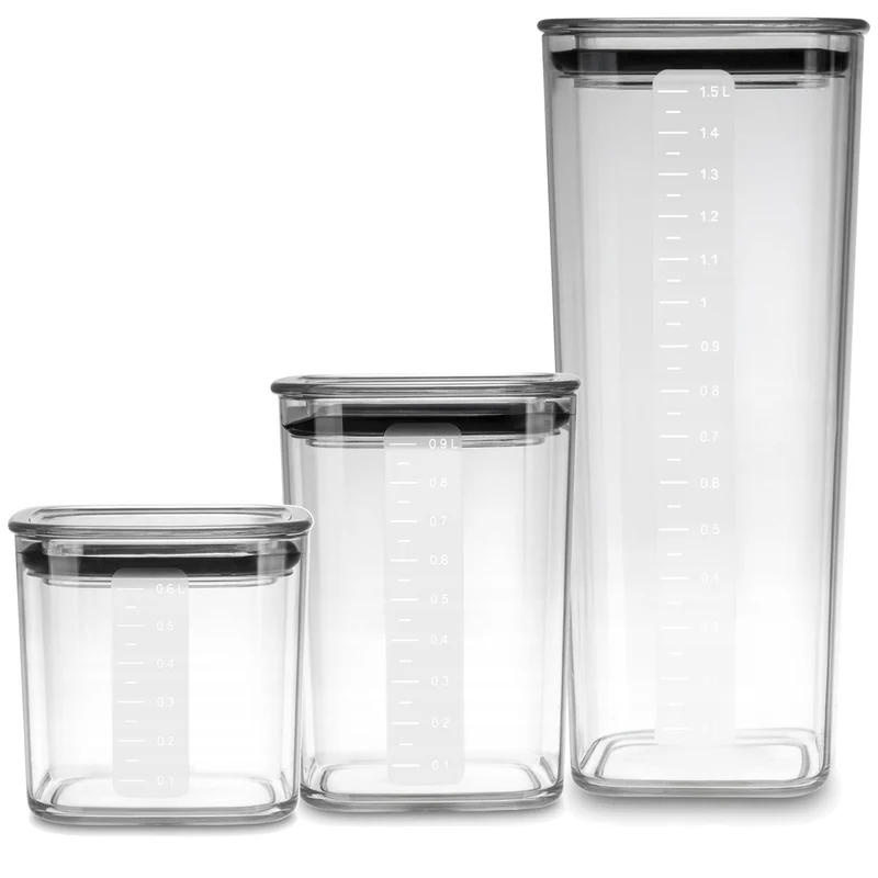 Practic kitchen containers for loose ingredients, capacities: 0.6 L, 0.9 L, 1.5 L, lids with seals,