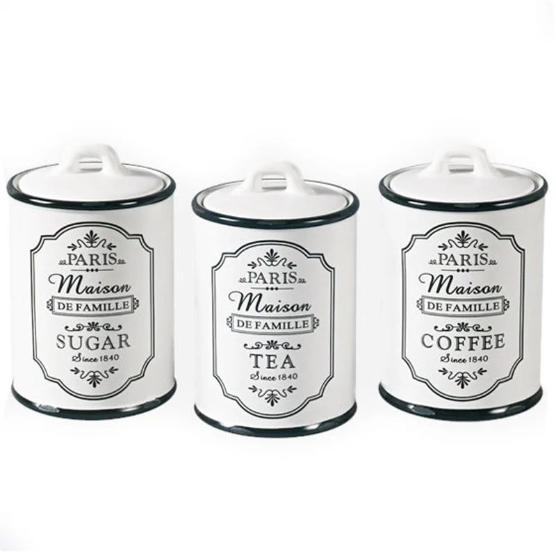 Maestro Paris Set of 3 Ceramic Retro Kitchen Containers with Lid Coffee Tea Sugar
