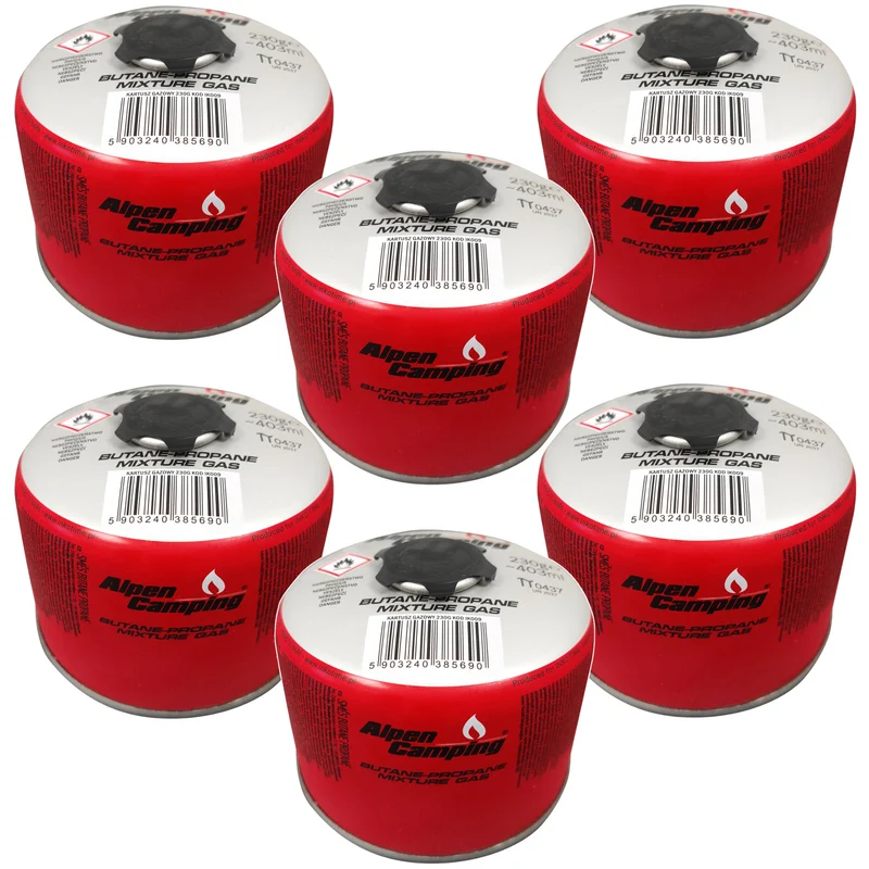 Alpen Camping 230g gas cartridge. certificate: Pi 0656, complies with EN417, propane-butane, range -10°c to+ 40°c, 7/16" IK009 threaded valve, 6 pieces