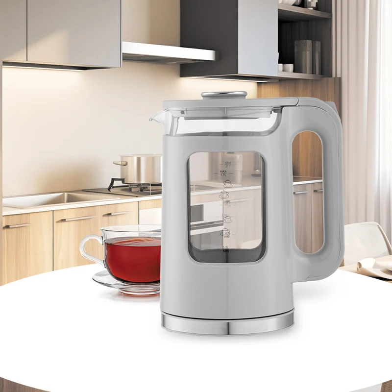 Maestro Glass Electric Kettle, 1.7L capacity, 2200W power, water level indicator, LED backlight, swivel base, gray, MR-065-GREY