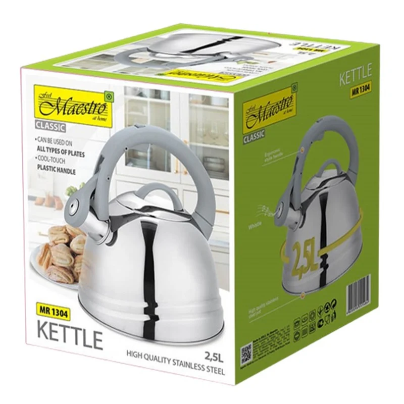 MAESTRO MR-1304 2.5L Classic Stove Kettle with Whistle for Induction Electric Gas Stove Plate Silver