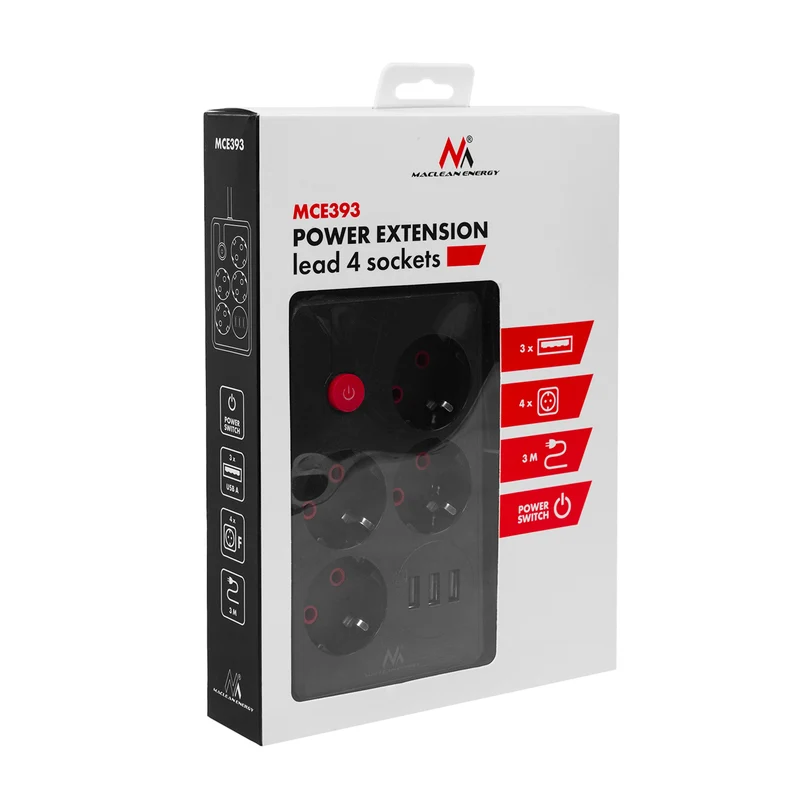 Maclean power strip, 4-socket extension cable + 3xUSB, 110-240V AC 50/60Hz, 2.1A max 2500W, 3m, black, MCE393 B