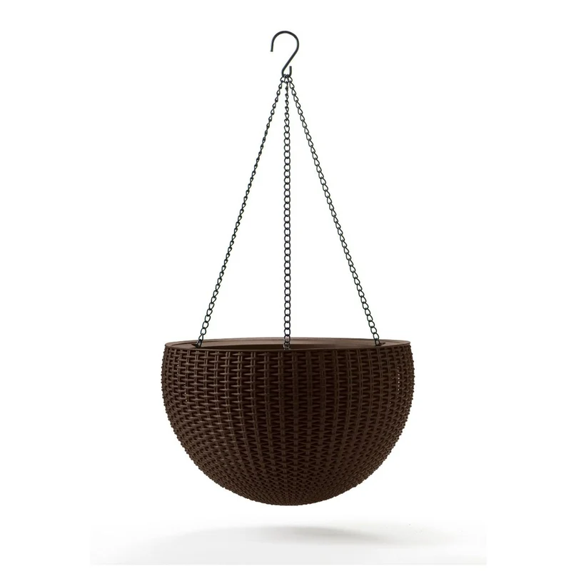 Keter Sphere Hanging Round Planter with Chain Brown Flower Pot on a Chain 35cm Rattan Style