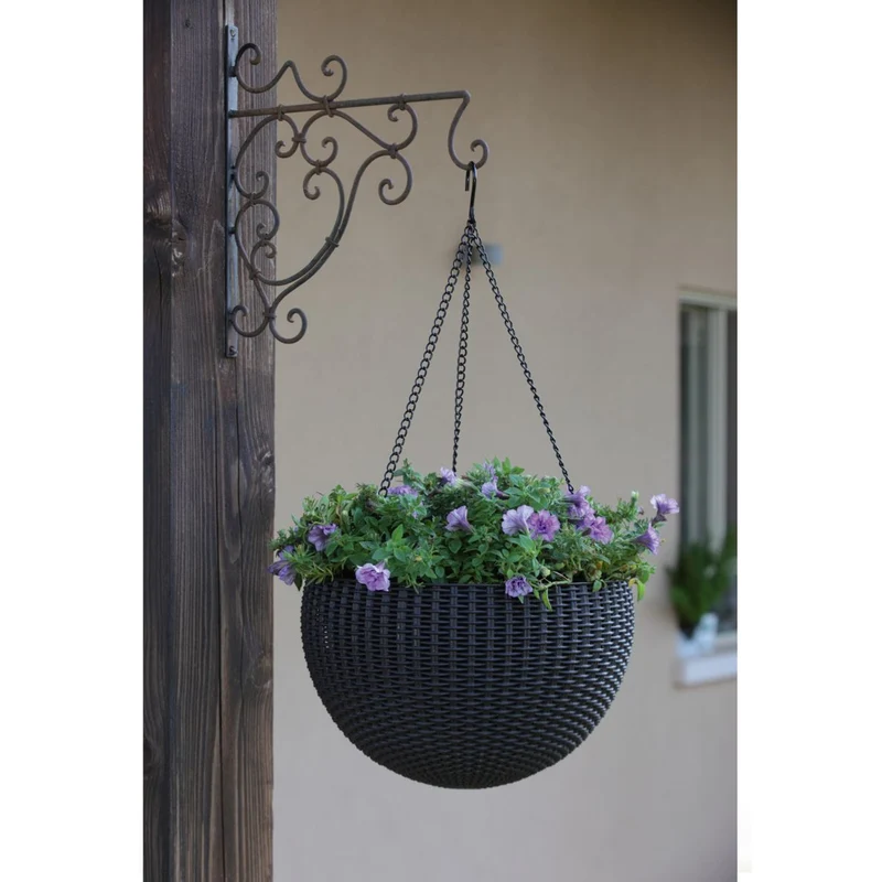 Keter Sphere Hanging Round Planter with Chain Brown Flower Pot on a Chain 35cm Rattan Style