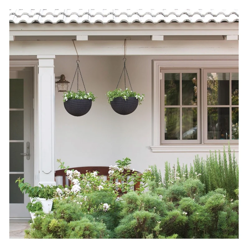 Keter Sphere Hanging Round Planter with Chain Brown Flower Pot on a Chain 35cm Rattan Style