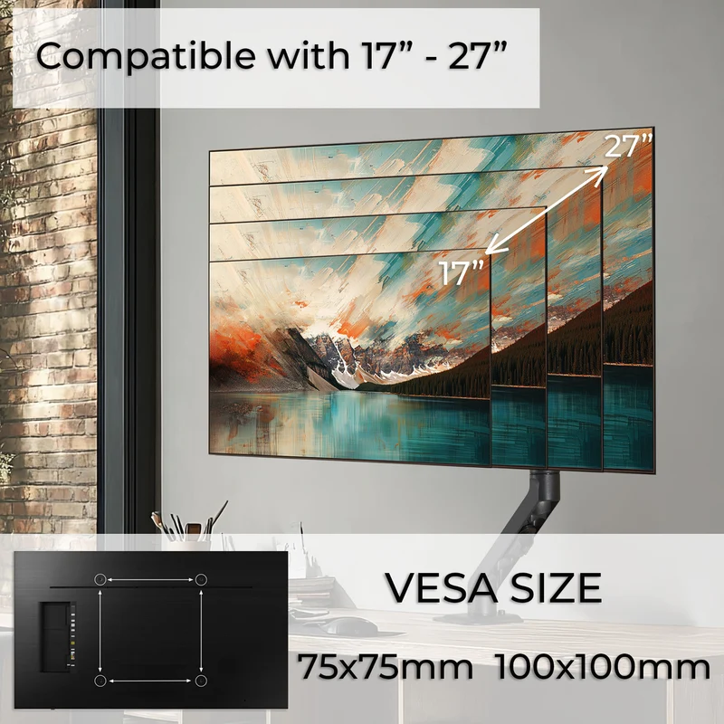 Maclean universal monitor desk mount, mechanical spring 17"-27" 7kg, VESA 75x75,100x100, MC-906