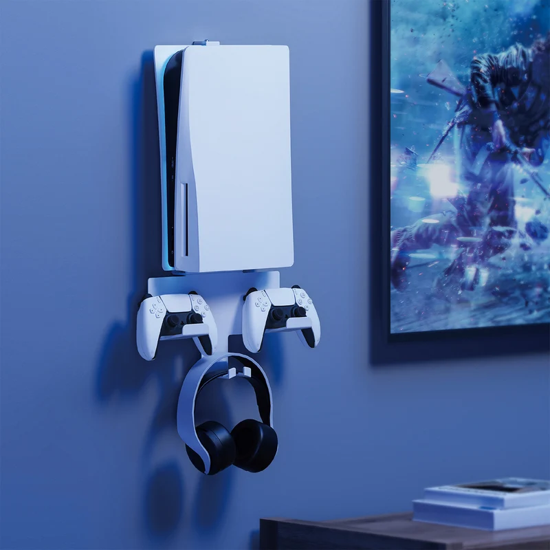 Wall mount stand white for Playstation 5 console with pad holder, 10kg max, NanoRS RS181