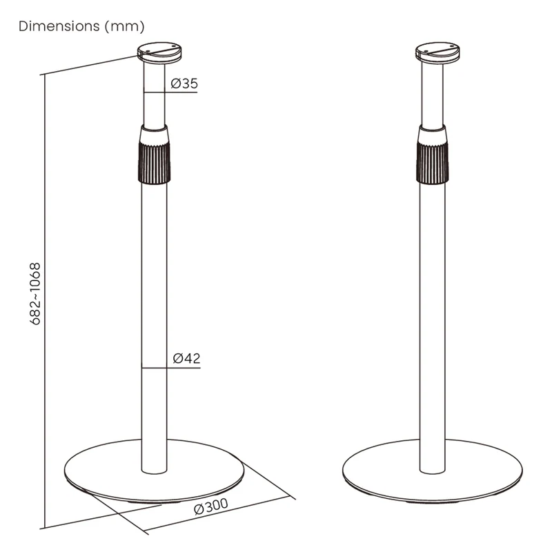 Maclean MC-496 Floor stand for Sonos Era 100 and 300 | Adjustable 682-1068 mm | Cable management and stable base | Set of 2 black tripods | Stylish and safe design
