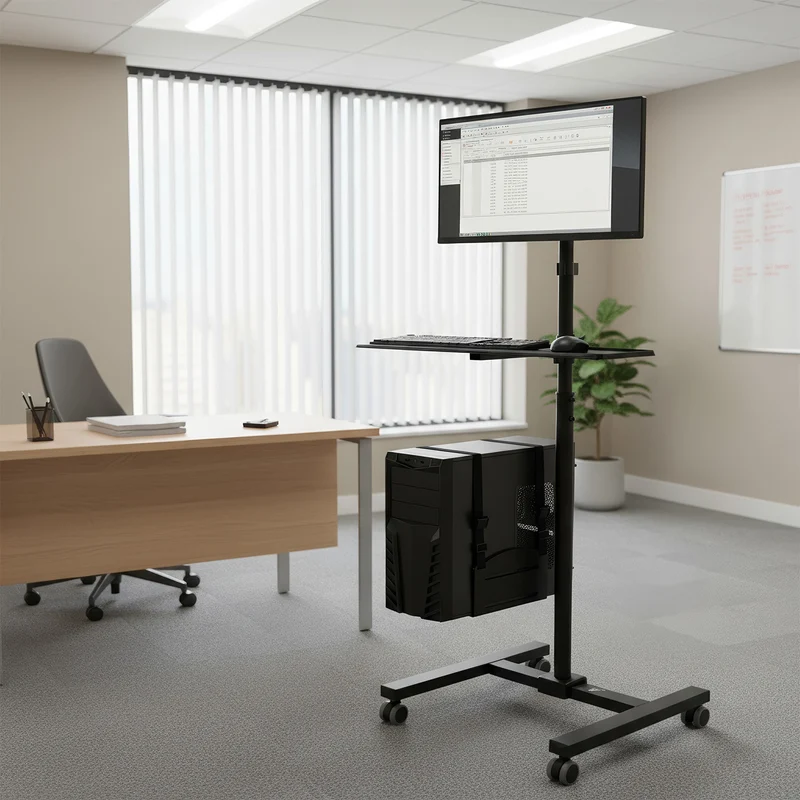 Maclean MC-793 Standing Computer Work Station Trolley Monitor TV Holder Keyboard Tray CPU Holder Castors