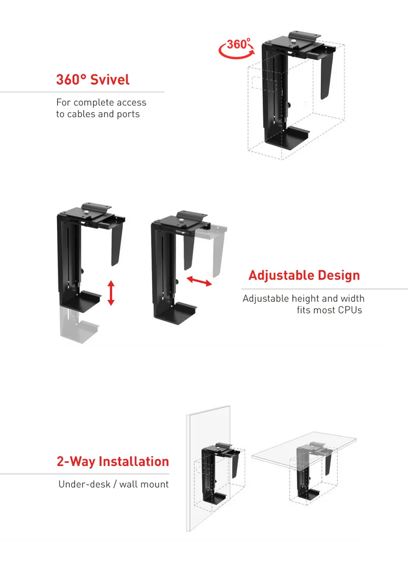Maclean MC-713S Computer Bracket PC Support Holder Adjustable Width Height Under Table Desk
