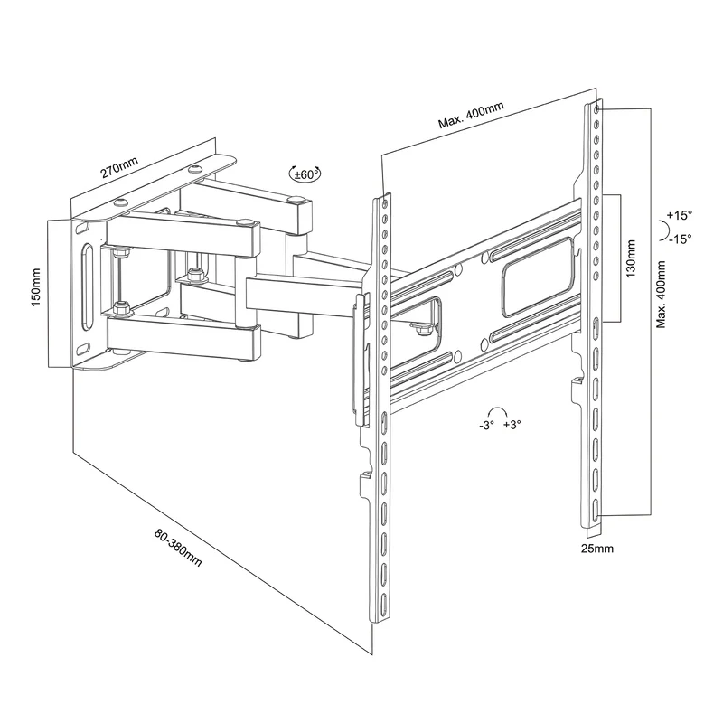 Maclean TV Mount, max VESA 400x400, 32-75", 50kg, horizontal and vertical angle adjustment, profile 80-380mm, black, MC-788