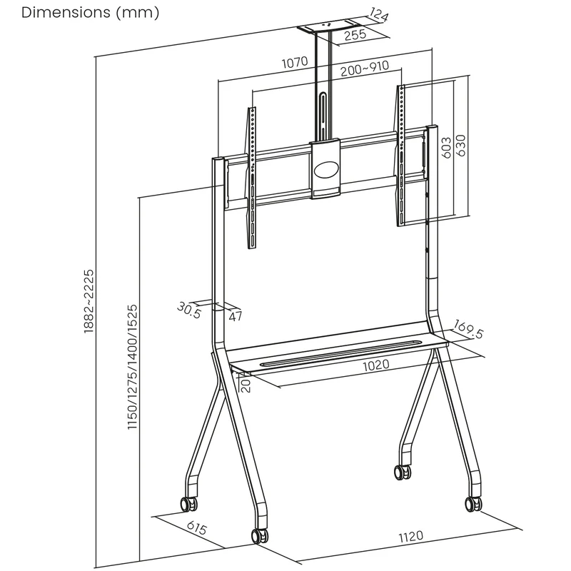Maclean TV stand / cart, camera shelf, on casters, 55-100", max load 120kg/10kg shelf, max. VESA 900x600, black, MC-114 B
