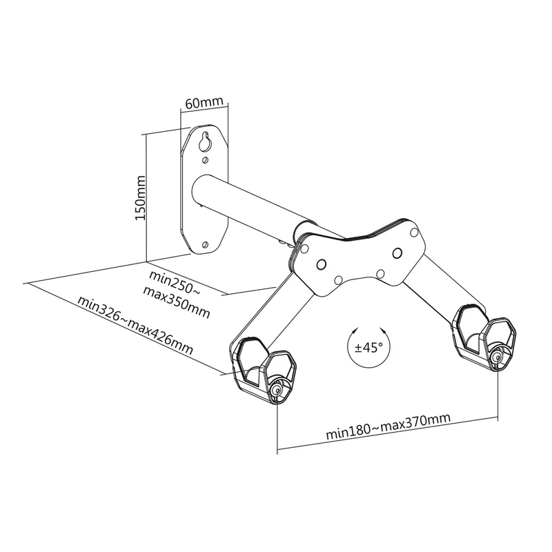 Maclean MC-457 Bicycle Wall Mount Wall Bicycle Rack with 2 Hooks Horizontal Bicycle Wall Mount Bicycle Holder Max. Load 25kg, Adjustable Arm Distances 45°
