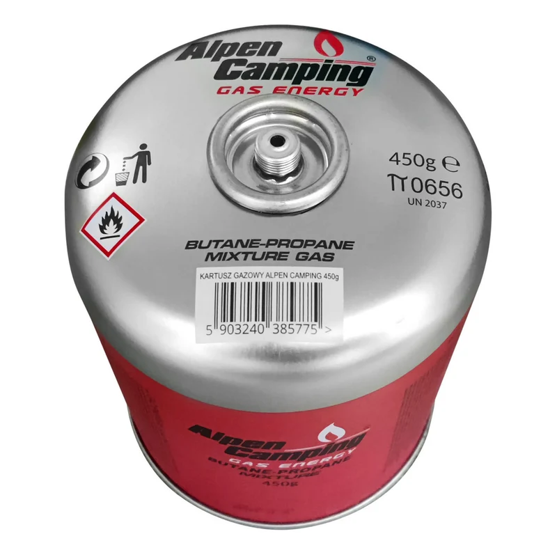 Alpen Camping 450g gas cartridge. certification: Pi 0437, complies with EN417, propane-butane, range -10°c to+ 40°c, 7/16" threaded valve IK020