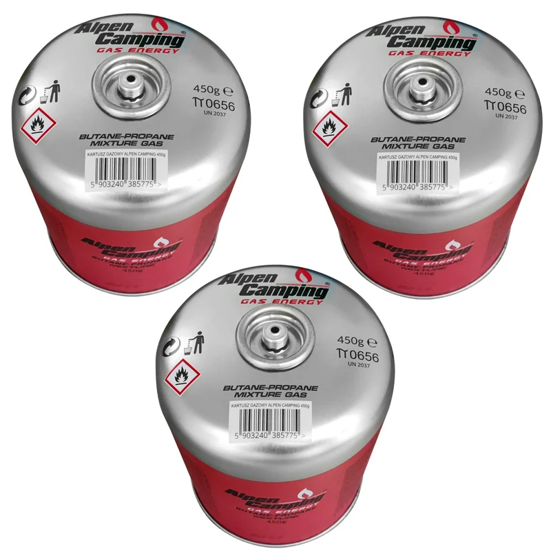 Alpen Camping 450g gas cartridge. certification: Pi 0437, complies with EN417, propane-butane, range -10°c to+ 40°c, 7/16" IK020 threaded valve, 3 pieces
