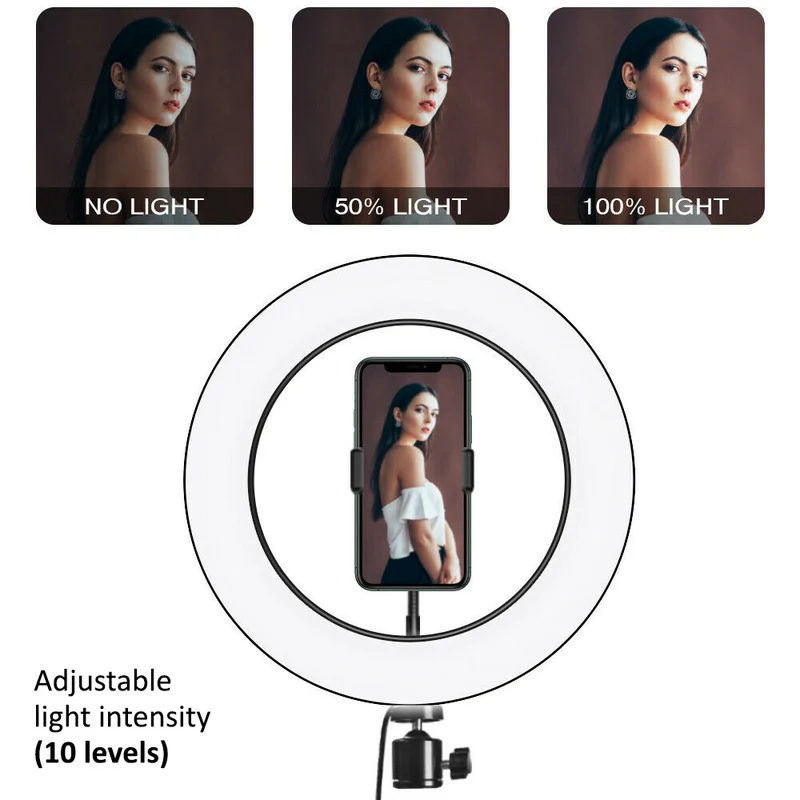 Maclean MCE610 10" 12W LED Ring Light with Tripod Stand and Bluetooth Shutter 3 Colours 10 brightness levels 10% -100% Adjustable brightness 160 LED Smartphone Holder lighting light