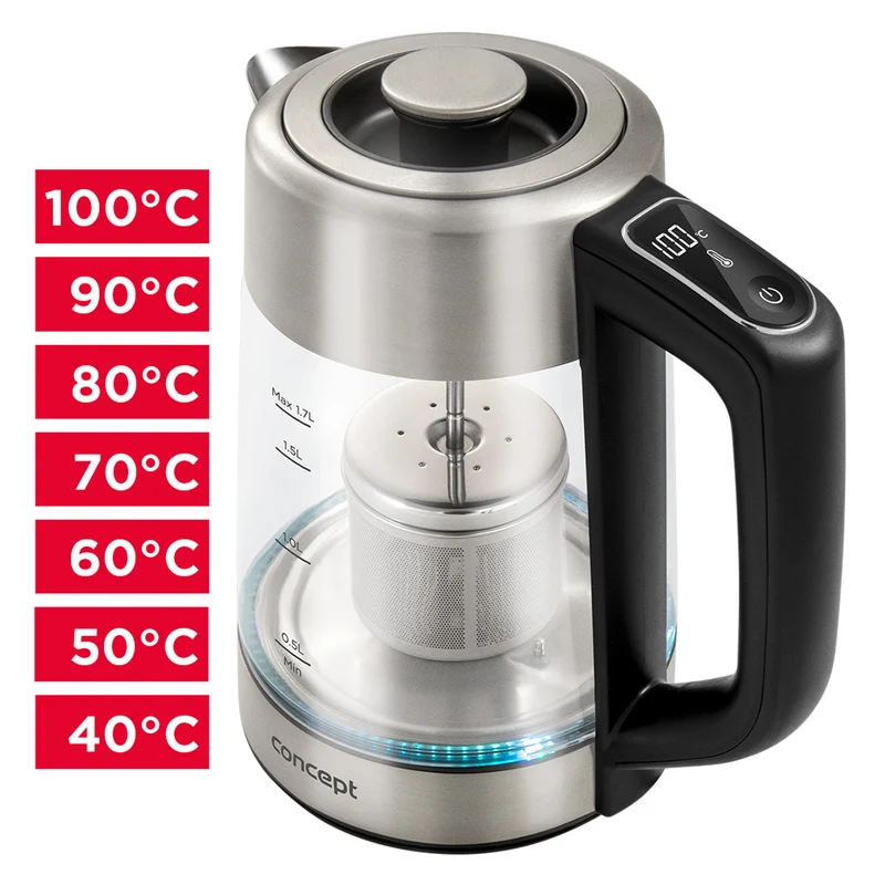 Concept Glass Kettle Electric + Tea Infuser 1.7L Temperature Control LED Lighting 2200W