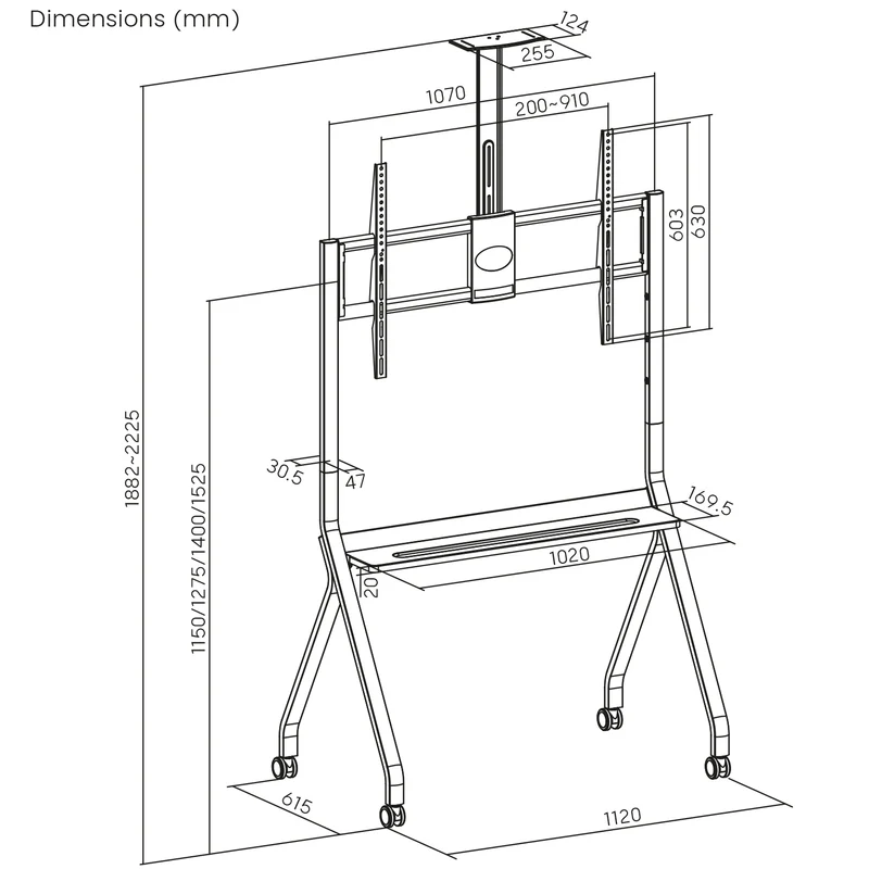 Maclean TV stand / cart, camera shelf, on casters, 55-100", max load 120kg/10kg shelf, max. VESA 900x600, white, MC-114 W