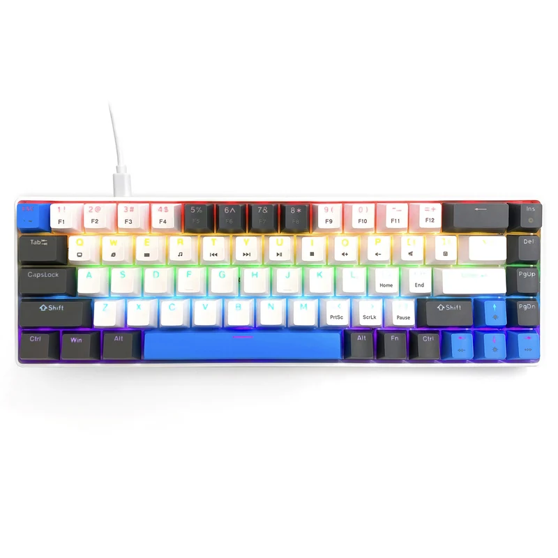 RED CORE MX60 - Short 60% mechanical gaming keyboard, silent RED mechanical switches, colorful backlighting, 68 keys, USB-C. Color: white/blue. Mediatech