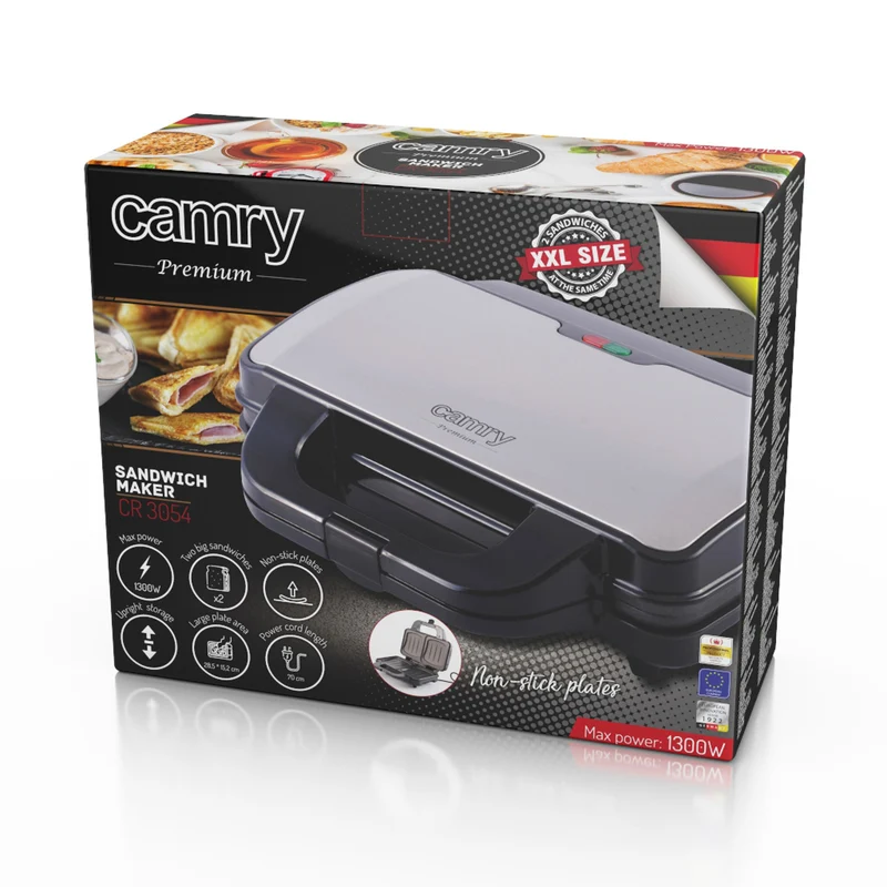 Camry sandwich maker, for 2 sandwiches, maximum power 1300W, non-stick coating, CR 3054