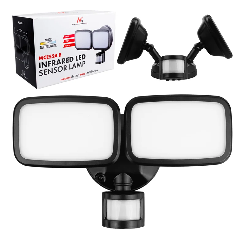 Maclean LED wall lamp, with PIR sensor, 20W, 1500lm, IP65, neutral white 4000K, black, MCE524 B
