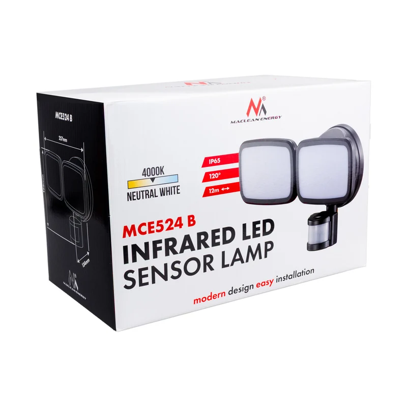 Maclean LED wall lamp, with PIR sensor, 20W, 1500lm, IP65, neutral white 4000K, black, MCE524 B