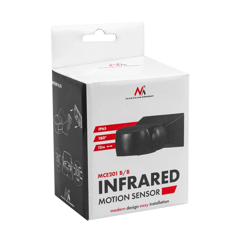 Maclean PIR motion sensor, infrared, IP65, black with black cover, range 12 m, MCE201 B/B
