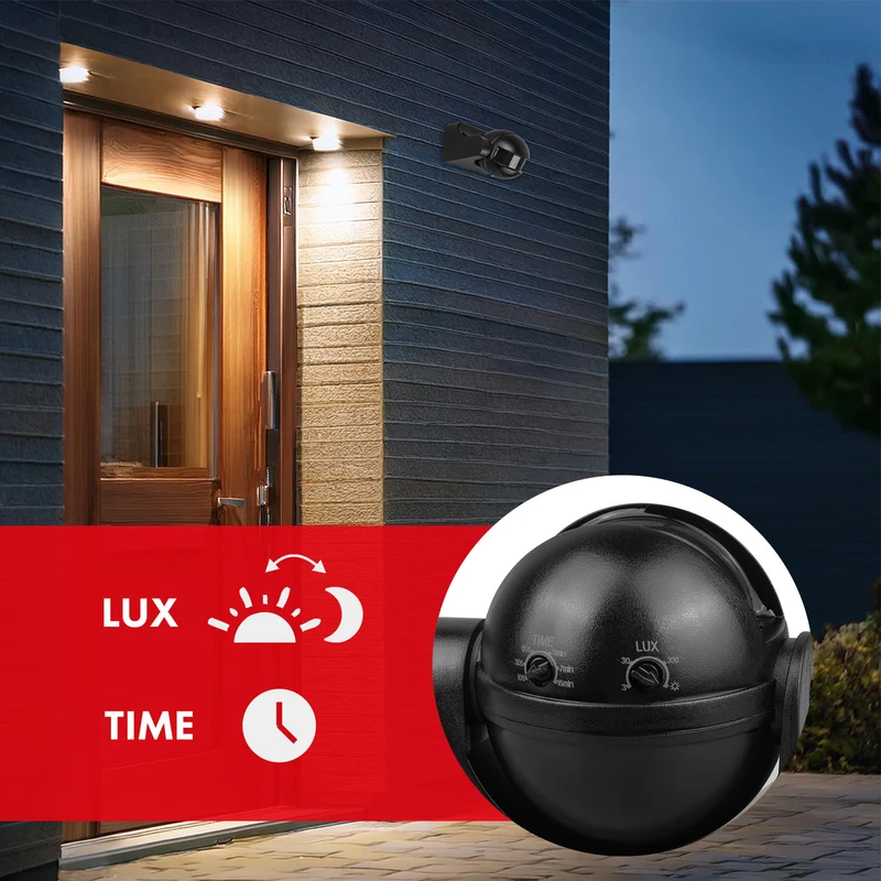 Maclean PIR motion sensor, infrared, IP44, black with black cover, range 12 m, max. load 300/1200 W, MCE358 B/B