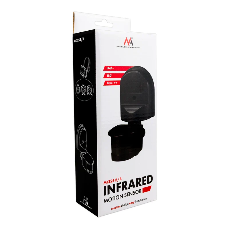 Maclean wall-mounted motion and twilight sensor, 180°, max. 1200W, black with black cover, MCE25 B/B