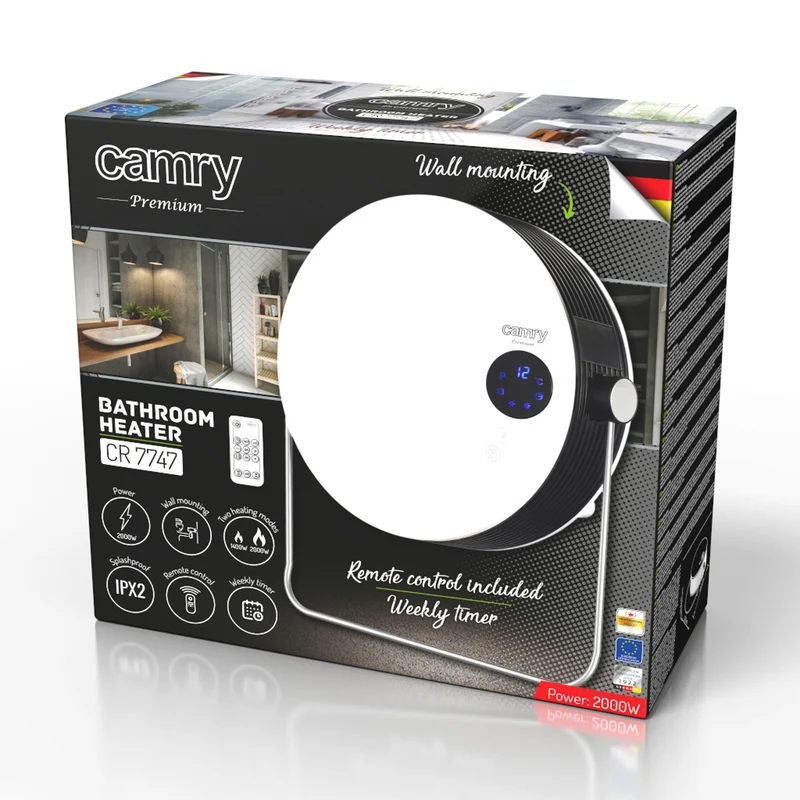 Camry bathroom heater, power 2000W, 2 heating levels, LCD display, remote control, CR 7747