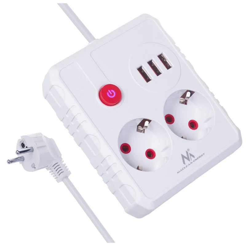 Maclean power strip, extension cord 2 sockets + 3xUSB, 110-240V AC 50/60Hz, 2.1A max 2500W, 1.5m, white, MCE387 W