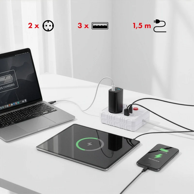 Maclean power strip, extension cord 2 sockets + 3xUSB, 110-240V AC 50/60Hz, 2.1A max 2500W, 1.5m, white, MCE387 W