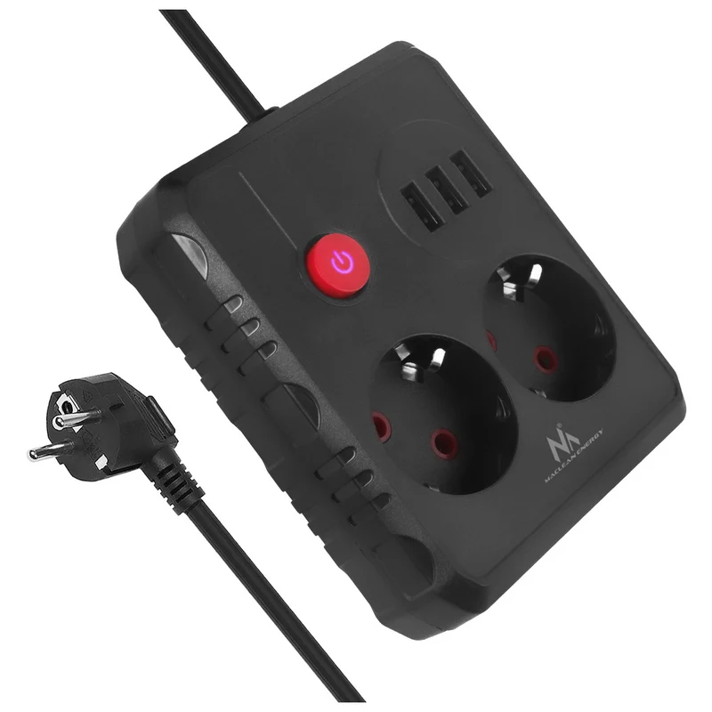 Maclean power strip, extender 2 sockets + 3xUSB, 110-240V AC 50/60Hz, 2.1A max 2500W, 1.5m, black, MCE387 B
