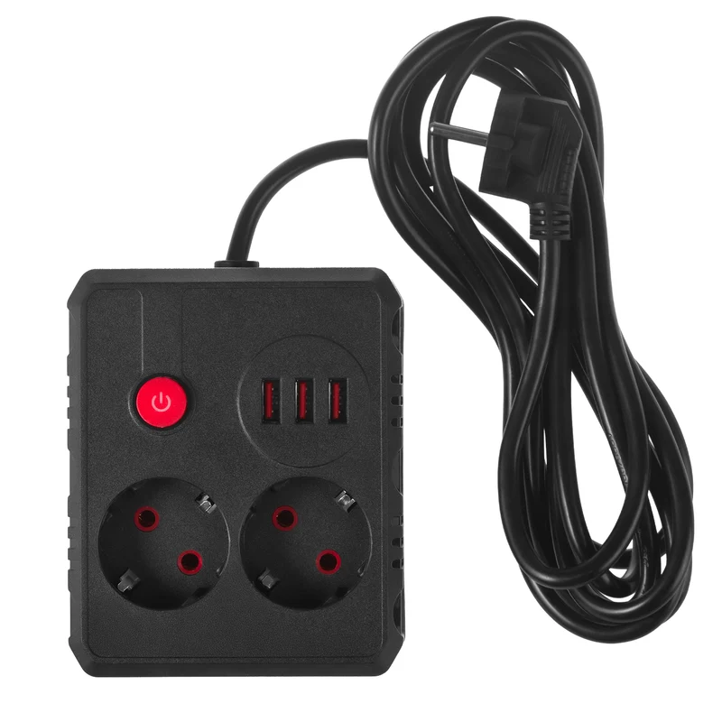Maclean power strip, extender 2 sockets + 3xUSB, 110-240V AC 50/60Hz, 2.1A max 2500W, 3 m, black, MCE388 B