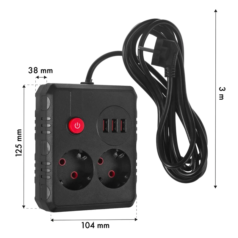Maclean power strip, extender 2 sockets + 3xUSB, 110-240V AC 50/60Hz, 2.1A max 2500W, 3 m, black, MCE388 B