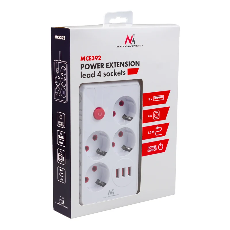 Maclean power strip, 4-socket extension cable + 3xUSB, 110-240V AC 50/60Hz, 2.1A max 2500W, 1.5m, white, MCE392 W