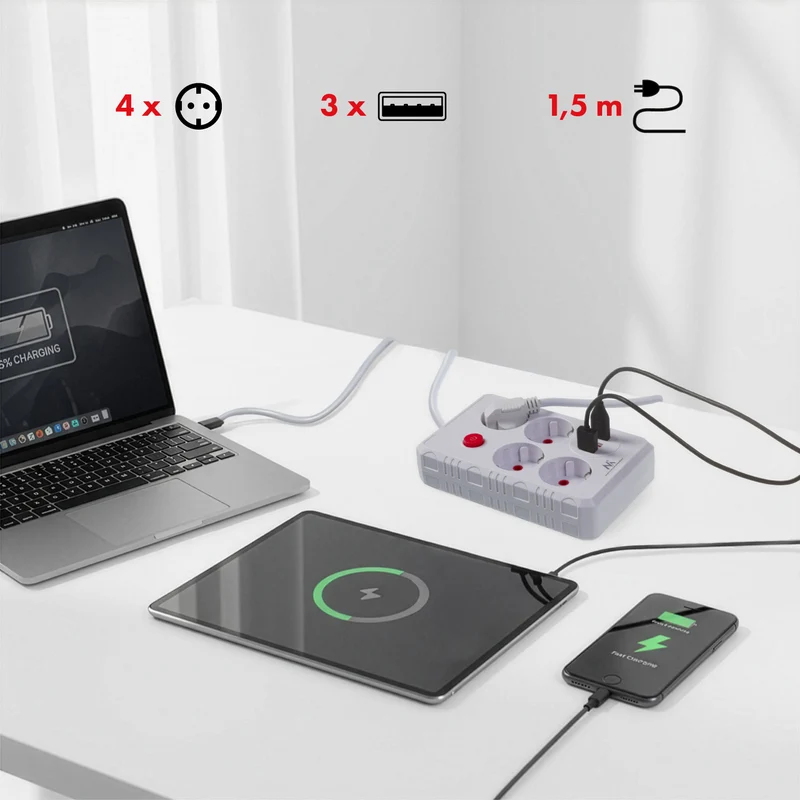Maclean power strip, 4-socket extension cable + 3xUSB, 110-240V AC 50/60Hz, 2.1A max 2500W, 1.5m, white, MCE392 W