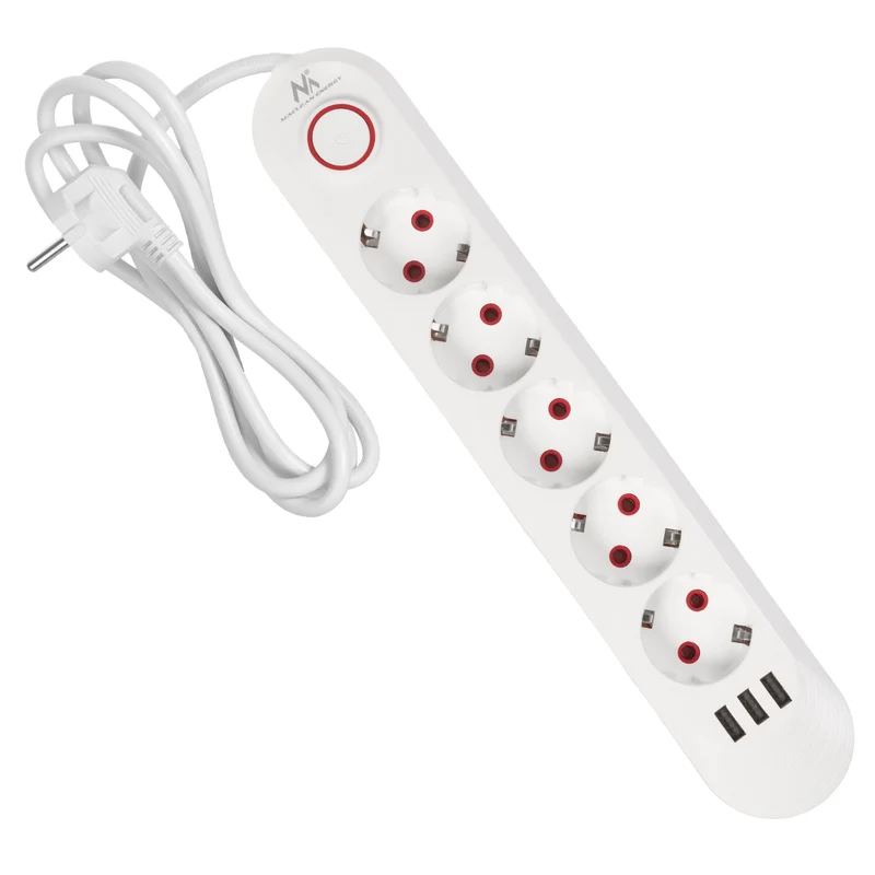 Maclean power strip, 5 socket extension + 3xUSB, 110-240V AC 50/60Hz, 2.1A max 2500W, 1.5m, white, MCE395 W