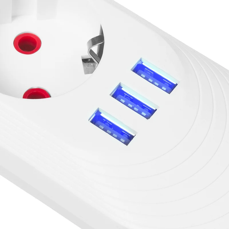 Maclean power strip, 5 socket extension + 3xUSB, 110-240V AC 50/60Hz, 2.1A max 2500W, 1.5m, white, MCE395 W