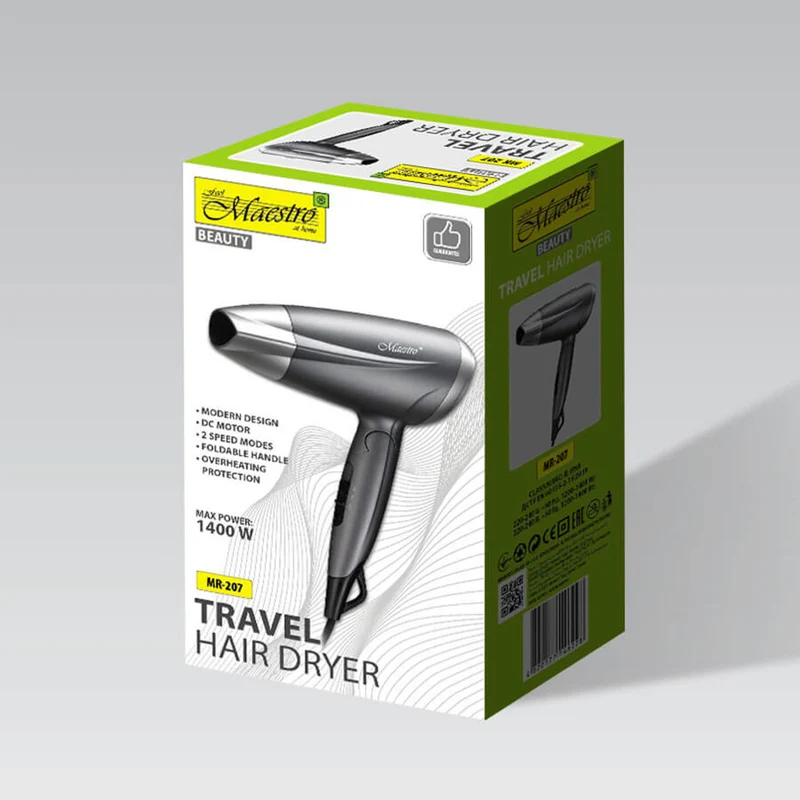Maestro hair dryer, 1400W power, folding handle, 2 air speeds, concentrator, MR-207