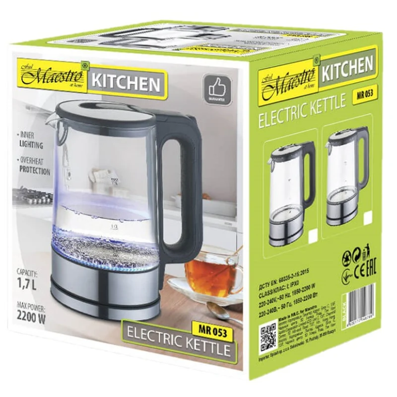 Electric Glass Water Kettle 1.7L Rotating Base Auto Shut Off LED Backlight 2200W