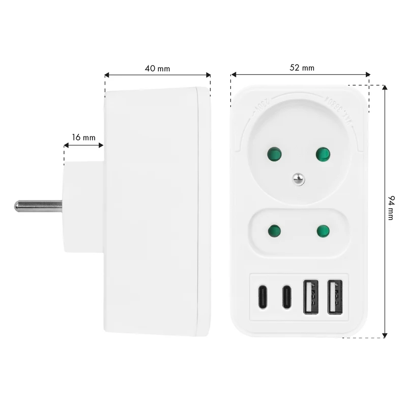 Current socket x2 + 4xUSB Maclean, splitter with 2 sockets, 2xUSB A, 2xUSB C PD 20W, 1x16A + 1x6A, MCE249 F/W, 2 pieces