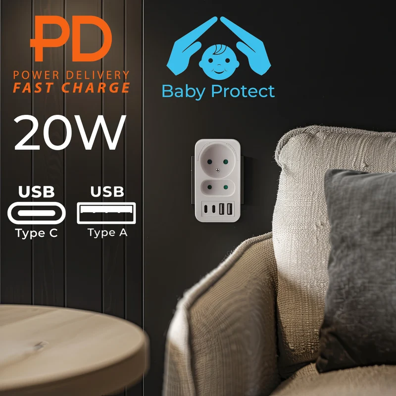 Current socket x2 + 4xUSB Maclean, splitter with 2 sockets, 2xUSB A, 2xUSB C PD 20W, 1x16A + 1x6A, MCE249 F/W, 3 pieces