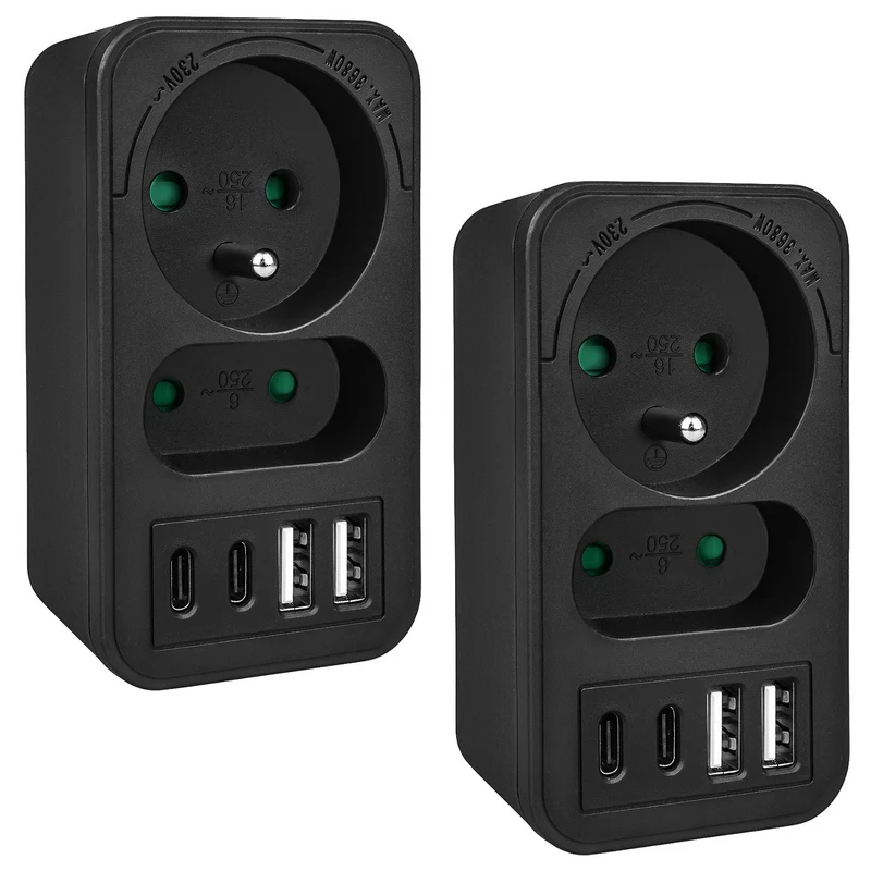 Current socket x2 + 4xUSB Maclean, splitter with 2 sockets, 2xUSB A, 2xUSB C PD 20W, 1x16A + 1x6A, MCE249 F/B, 2 pieces