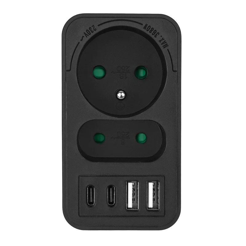 Current socket x2 + 4xUSB Maclean, splitter with 2 sockets, 2xUSB A, 2xUSB C PD 20W, 1x16A + 1x6A, MCE249 F/B, 2 pieces