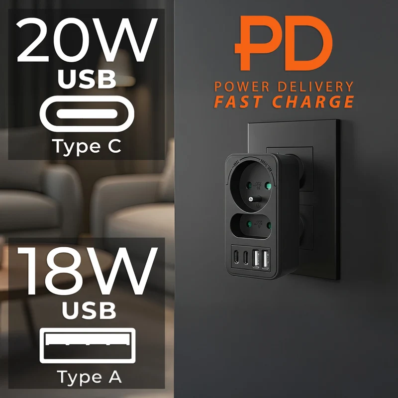Current socket x2 + 4xUSB Maclean, splitter with 2 sockets, 2xUSB A, 2xUSB C PD 20W, 1x16A + 1x6A, MCE249 F/B, 2 pieces