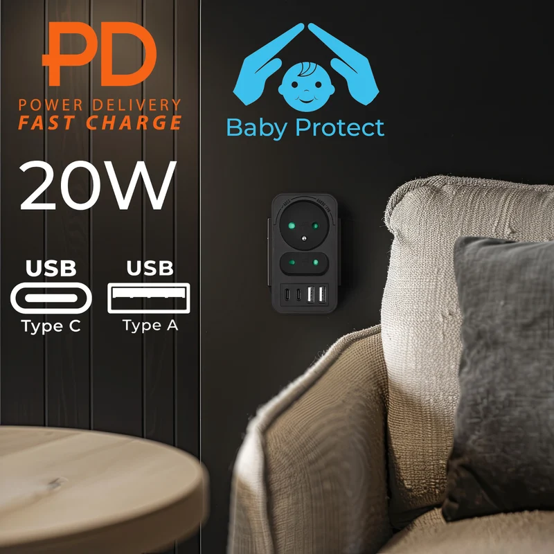 Maclean current socket x2 + 4xUSB, splitter with 2 sockets, 2xUSB A, 2xUSB C PD 20W, 1x16A + 1x6A, MCE249 F/B, 3 pieces