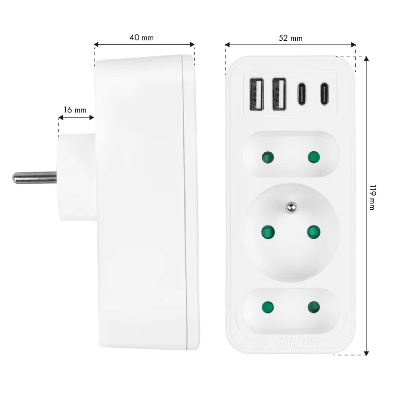 Current socket x3 + 4xUSB Maclean, splitter with 3 sockets, 2xUSB A, 2xUSB C PD 20W, 1x16A + 2x6A, MCE248 F/W, 2 pieces